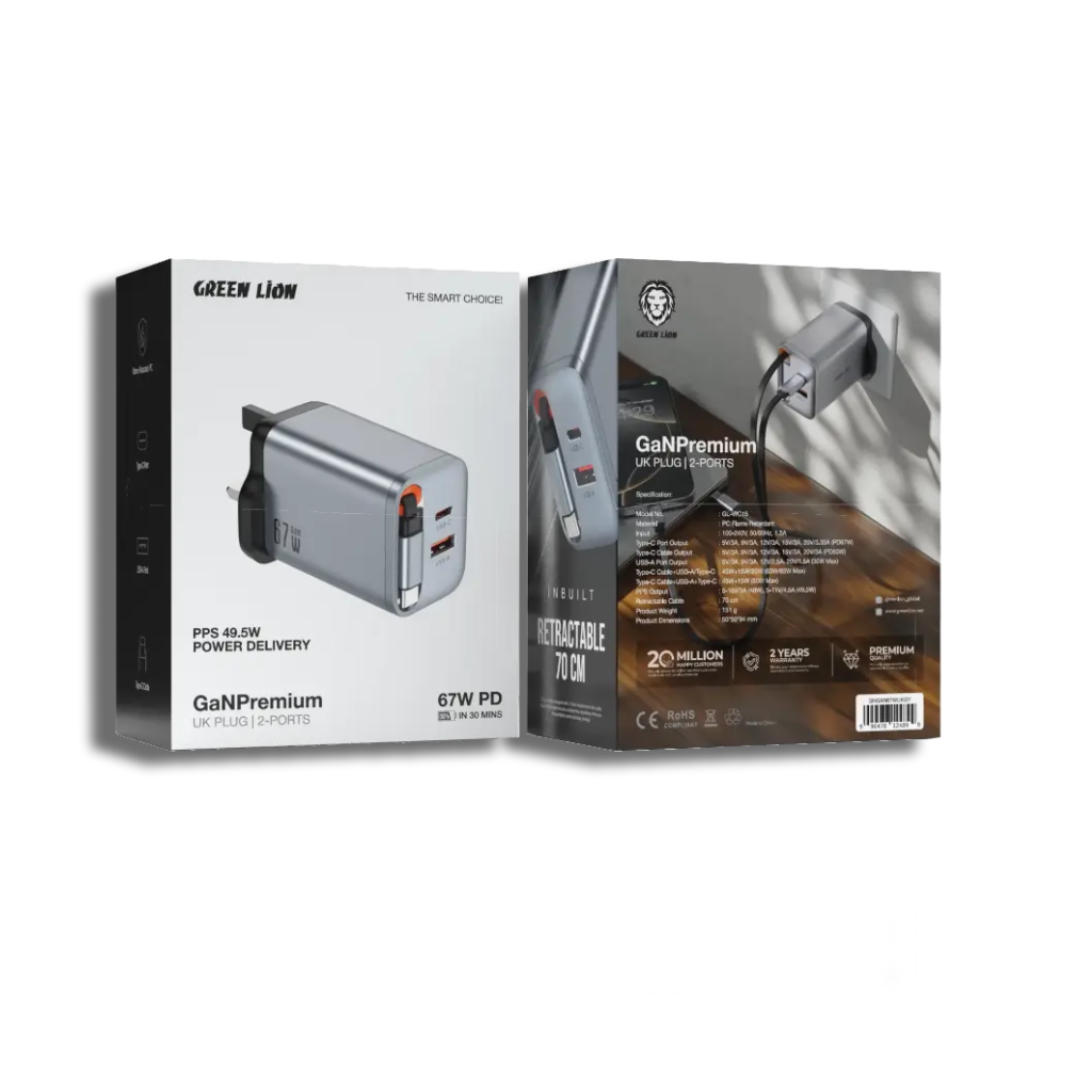 Green Lion GaNPremium UK Plug Wall Charger PD 67W - Gray