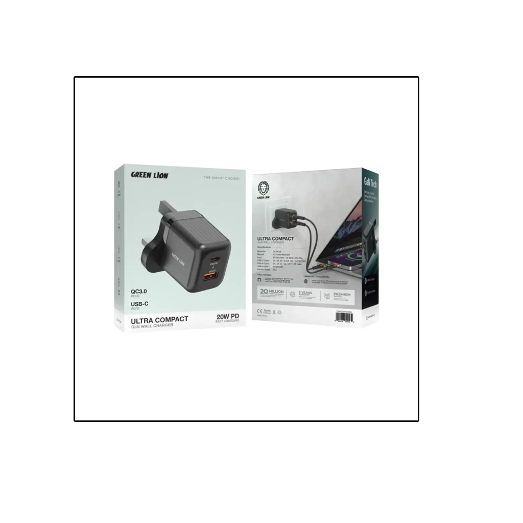 Green Lion Ultra Compact GaN Wall Charger UK Pin A+C PD 20W + QC3.0 - Black