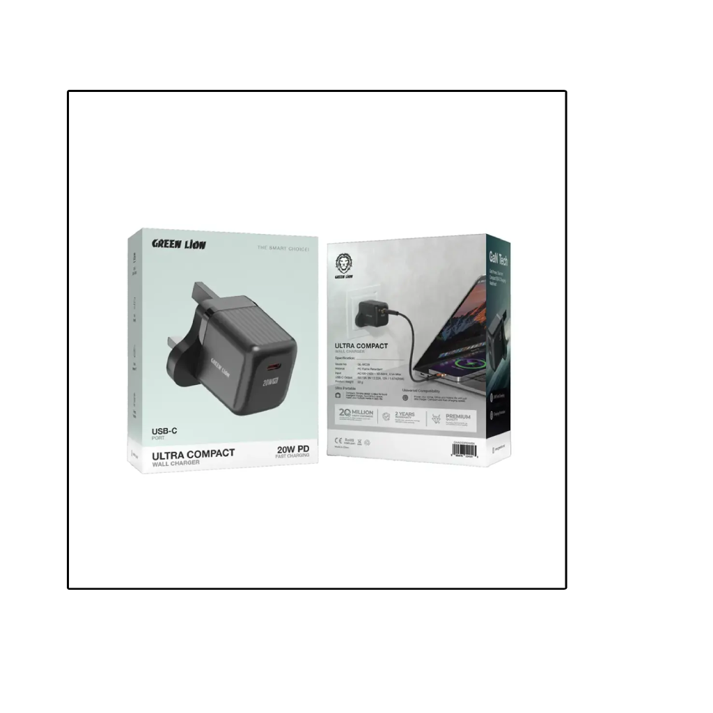 Green Lion Ultra Compact GaN Wall Charger UK Pin USB-C PD 20W - Black