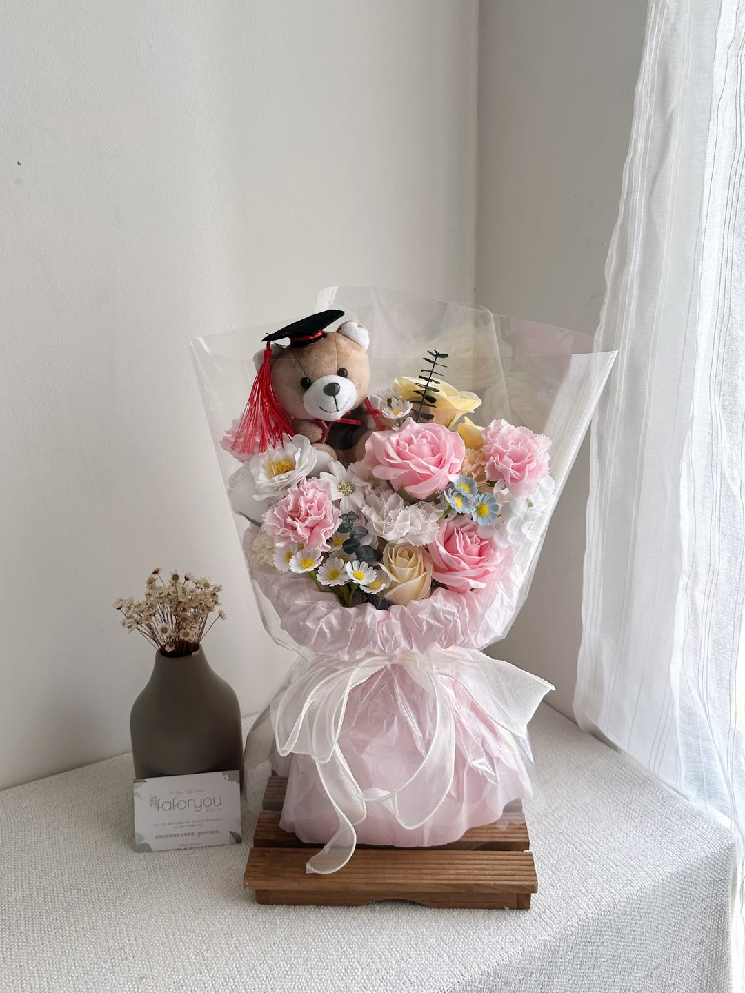 Graduation Bear Soap Flower Mixed Transparent Bouquet 