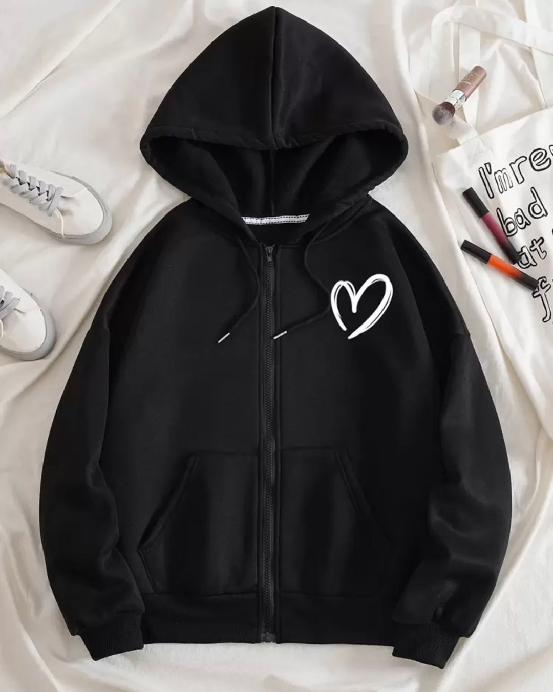 Heart Print Zip Up Drawstring Thermal Lined Hoodie