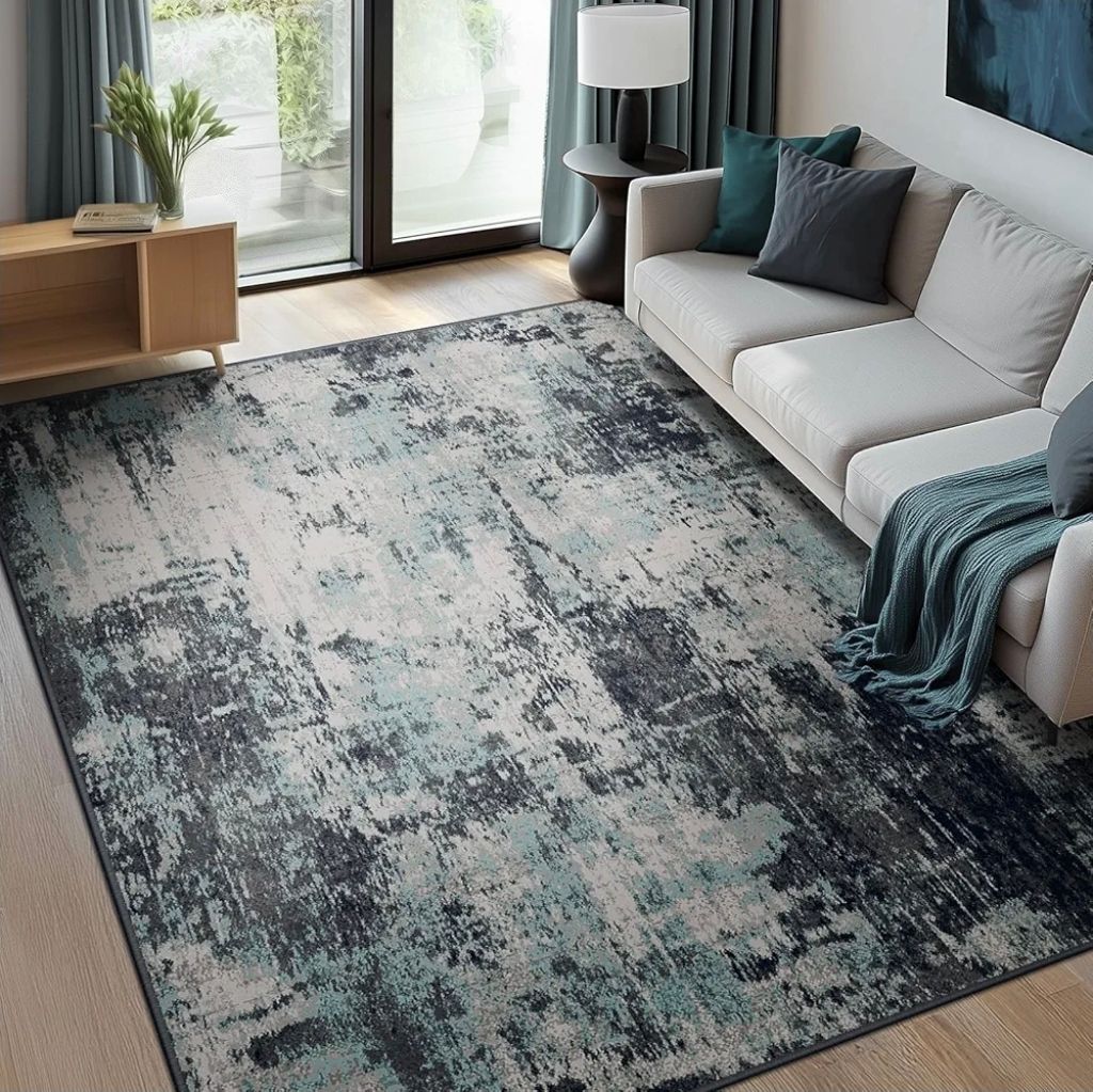 Modern Abstract Area Rug 5'x7' - Teal Blue/Black