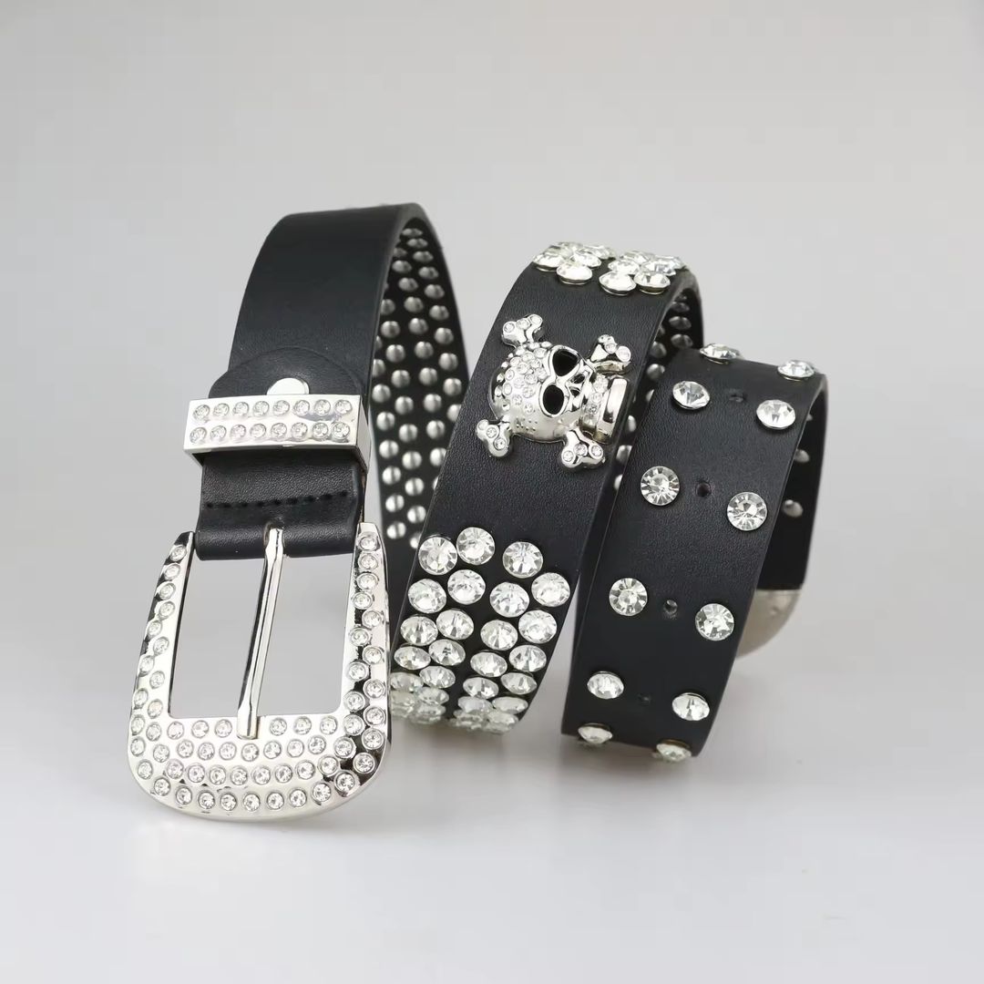 Custom Designer Bling Bling Western Bo Simon Belt Cowboy Skull Diamond Pu Leather Rivet Rhinestone Belts for Men Women