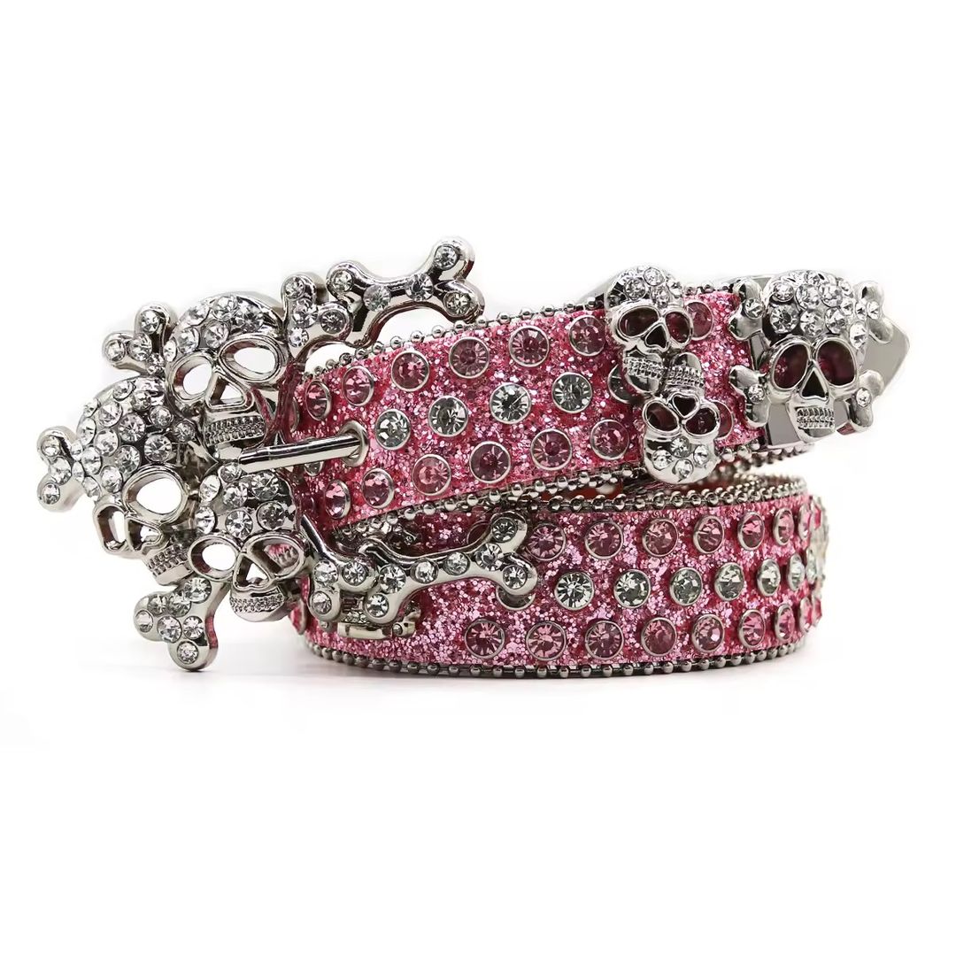 New Western Luxury Crystal Rhinestone Belt With Skeleton Button Head Hip Hop Punk Fashion Trend Designer Women's Belt