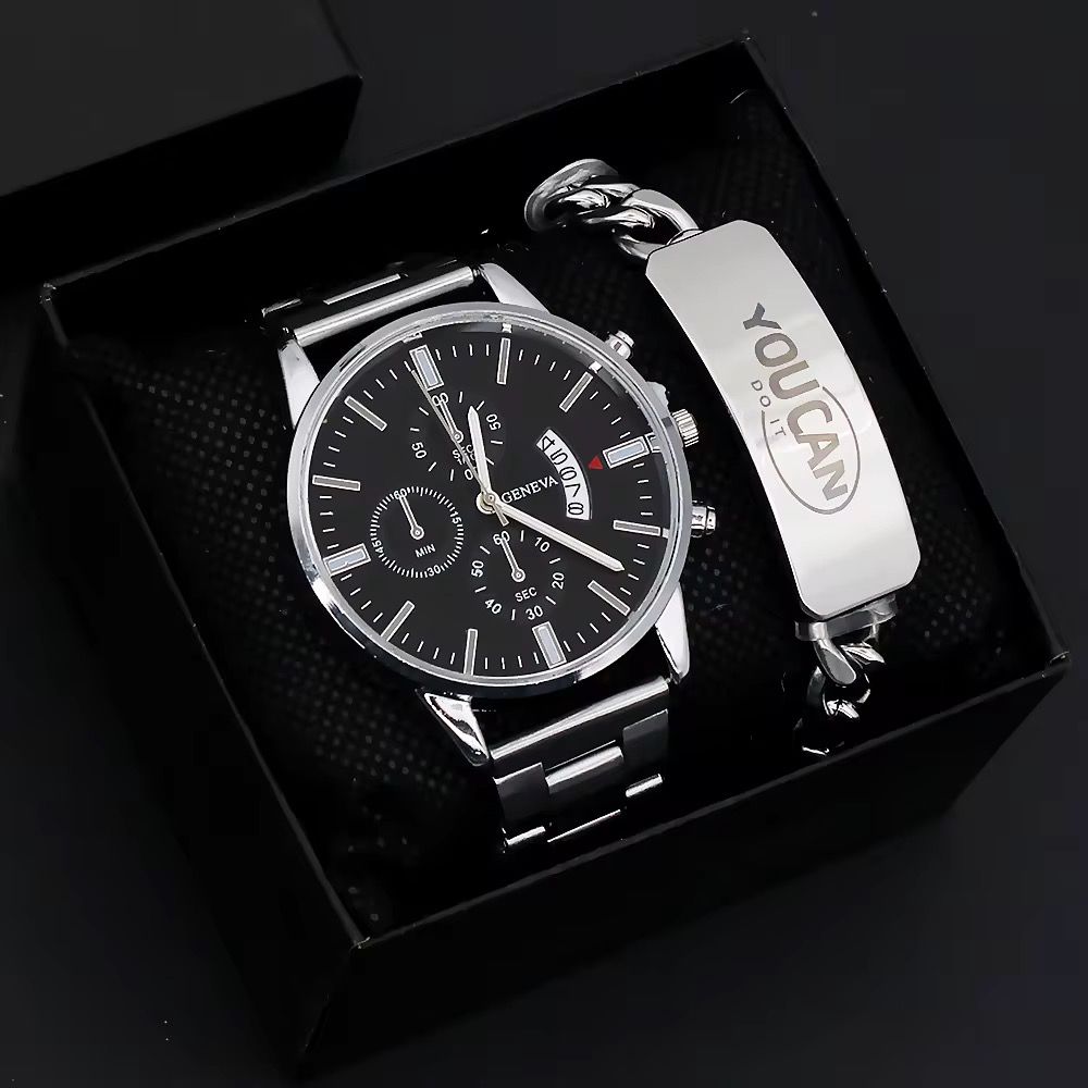 Wrist Watch for Men Simple With Calendar Dial Fashion Men Quartz Watches and Stainless Steel Bracelet Set