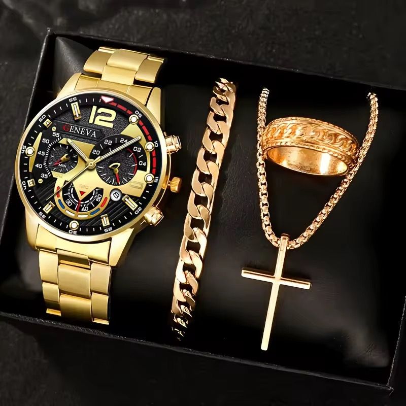 Luxury Men's Business Quartz Watch Scale Three Eye Decorative Cross Necklace Bracelet Ring Set -41mm Dial Calendar Men's Watch