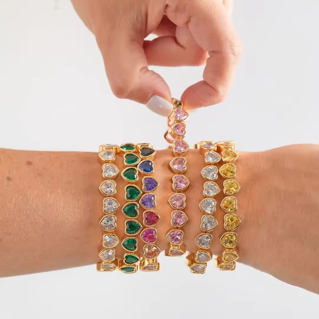 Rainbow Heart Zircon Bracelet Multicolor Tennis Chain Accessory Elegant Bangles Brass Jewelry for Women Girls