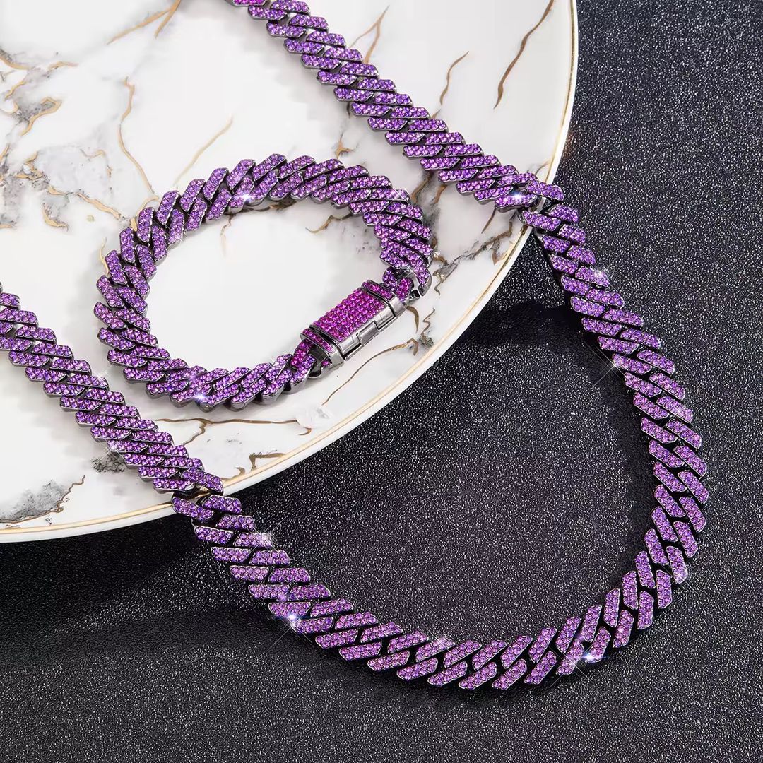 Iced Out 2 Rows Miami Cuban Chain Necklace Gorgeous Faux Diamond Cuban Link Chain Purple Hip Hop Jewelry Set for Men and Women