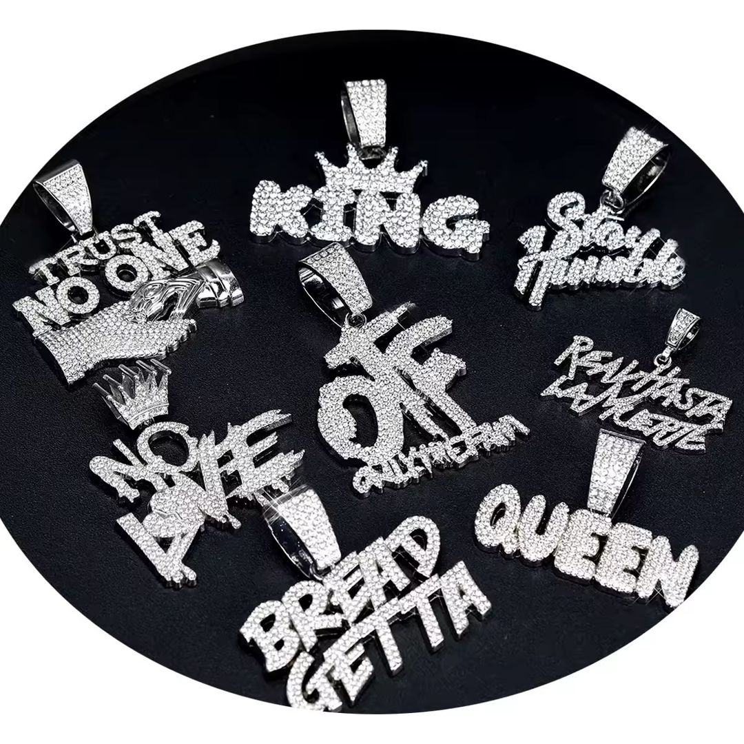Wholesale Hip Hop Bling Rhinestone KING NO LOVE Heart Pendant with Cuban Chain Link Men Punk Queen Charm Necklace Jewelry Gift