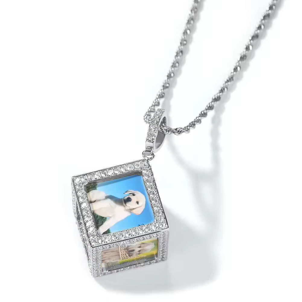 Customize and Wholesale 2Pcs/Set Three-dimensional square Photo Pendant Necklace for Men Women Shiny HipHop Cube Picture Pendant