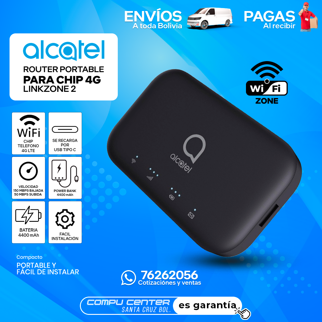 ALCATEL LINKZONE 2 / WIFI PORTATIL / HASTA 150 MBPS / BATERIA 4400 MAH / POWER BANK
