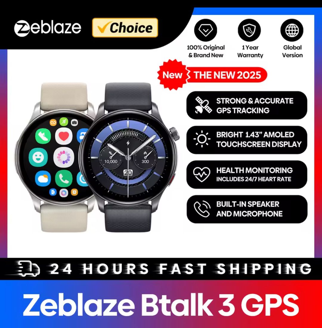 New Zeblaze Btalk 3 GPS Smartwatch 1.43" AMOLED Screen Dual Straps Make/Answer Phone Calls Heart Rate SpO2 Stress Tracking Watch