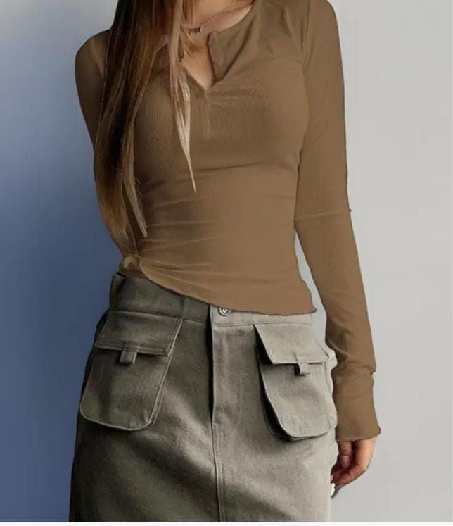 Shasmi Women's & Girl's Long Sleeve Round Neck Solid Color Ruched Workwear Casual Top Half Button Down Henley Regular Fit T-Shirt for Women (Top 128)