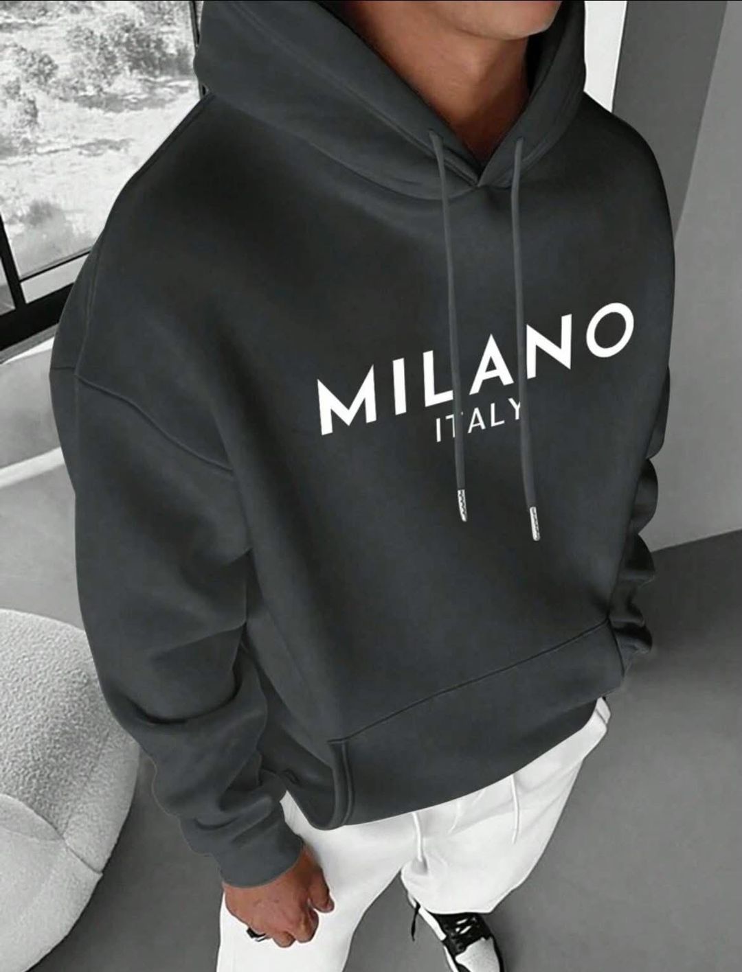Print Italian Style Causal Pullover Dark Gray hoodie