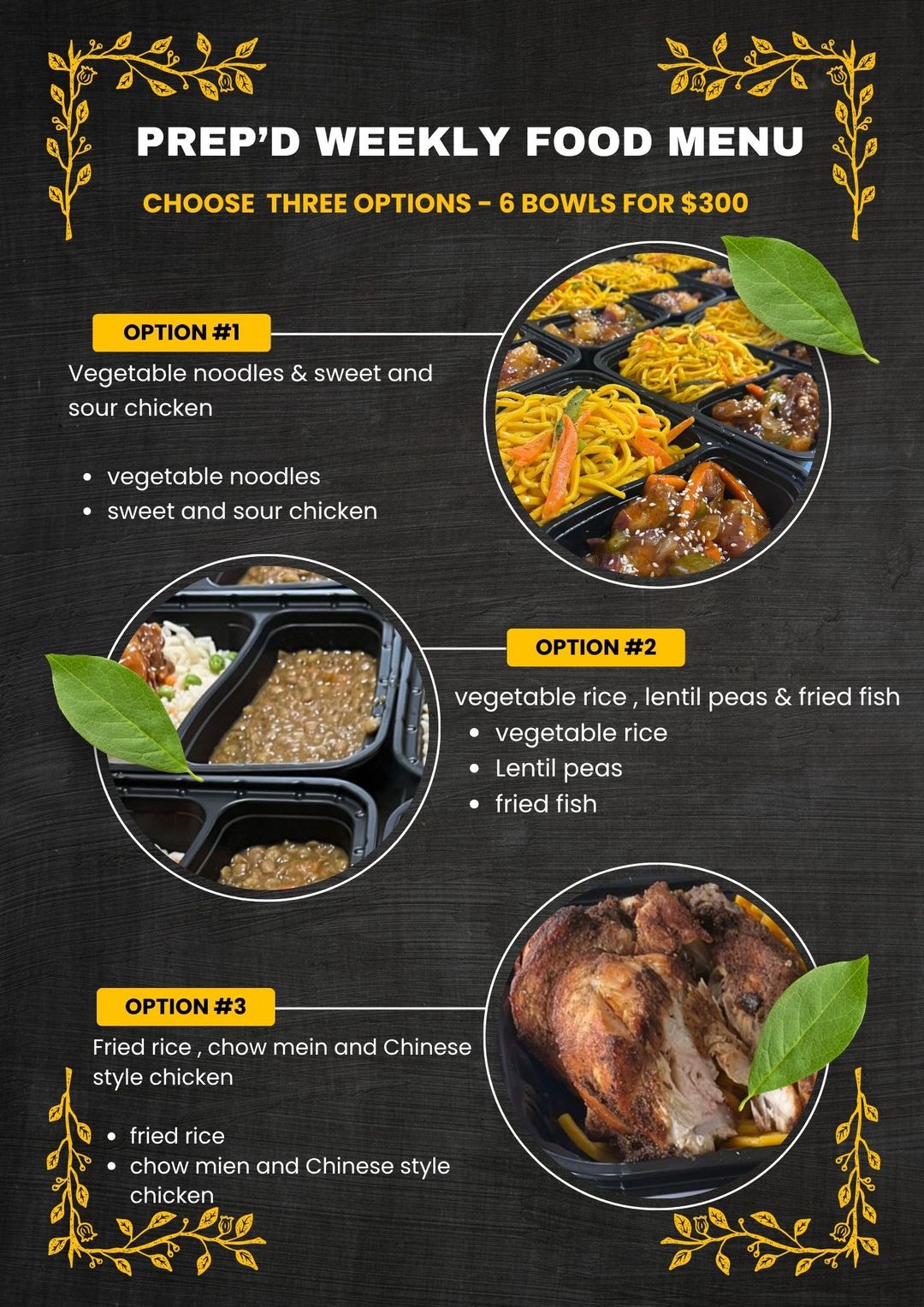 Regular food options (6 bowls)