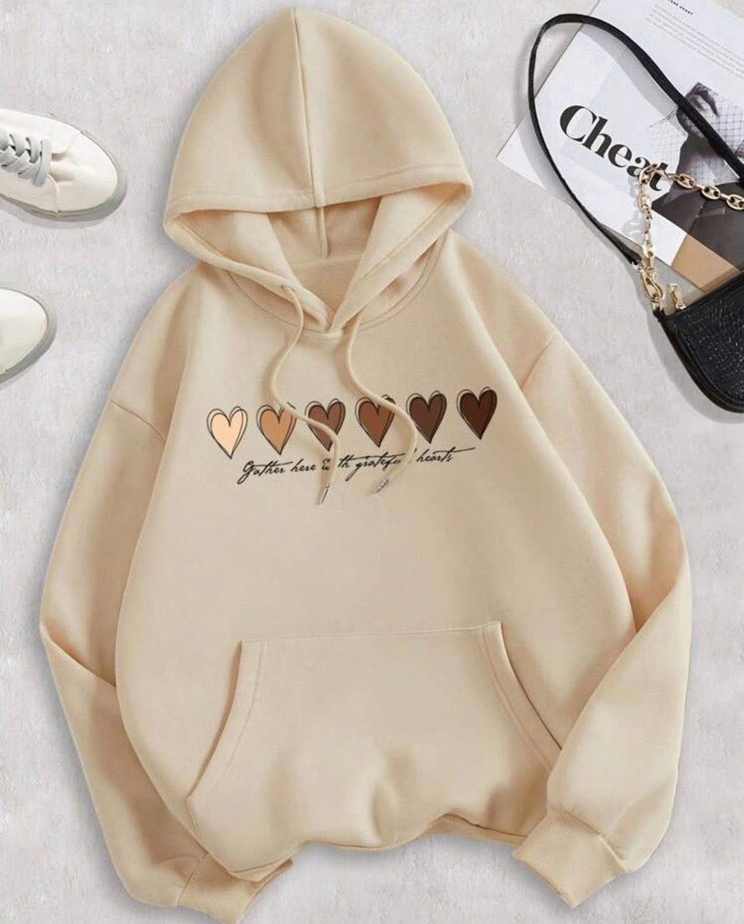 Heart & slogan graphic beige drawstring hoodie