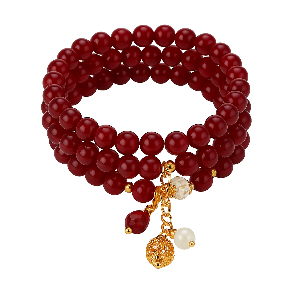 Bold Red Gold-Charmed Crystal Bracelet