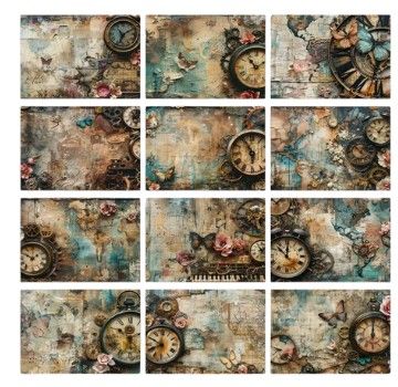 A5 Vintage Clock Floral Distressed Background Scrapbook Paper - 12 x sheets