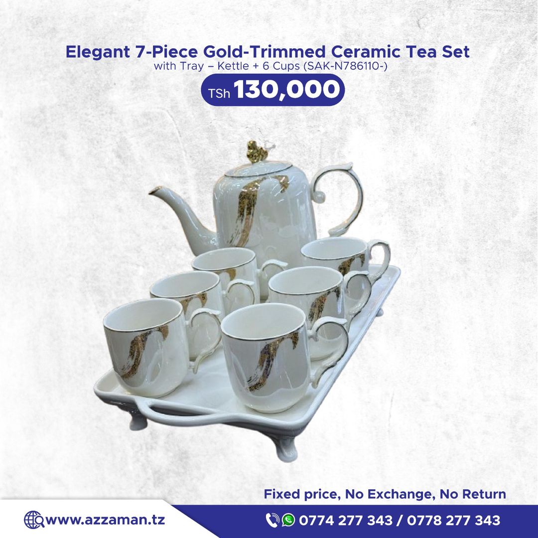 7pcs Gold Trimmed Ceramic Tea set with Tray (kettle + 6 cups)