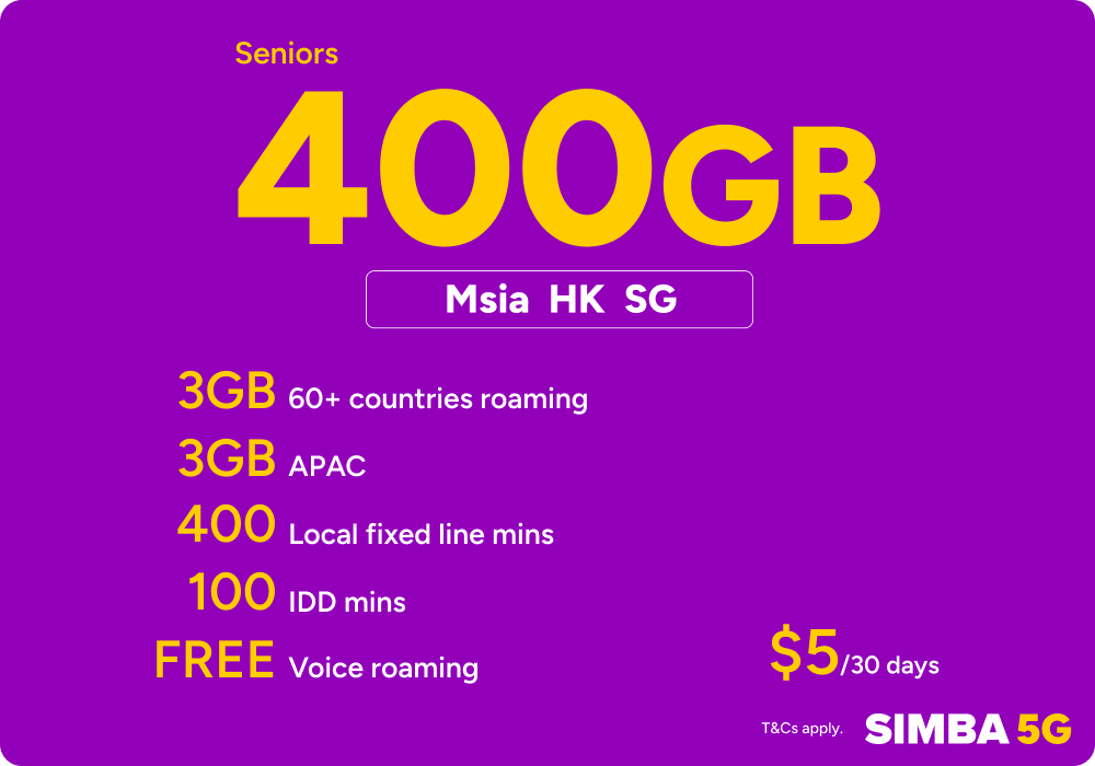 SIMBA Seniors Plan $5 400GB SG+MY+HK Plan Renewal