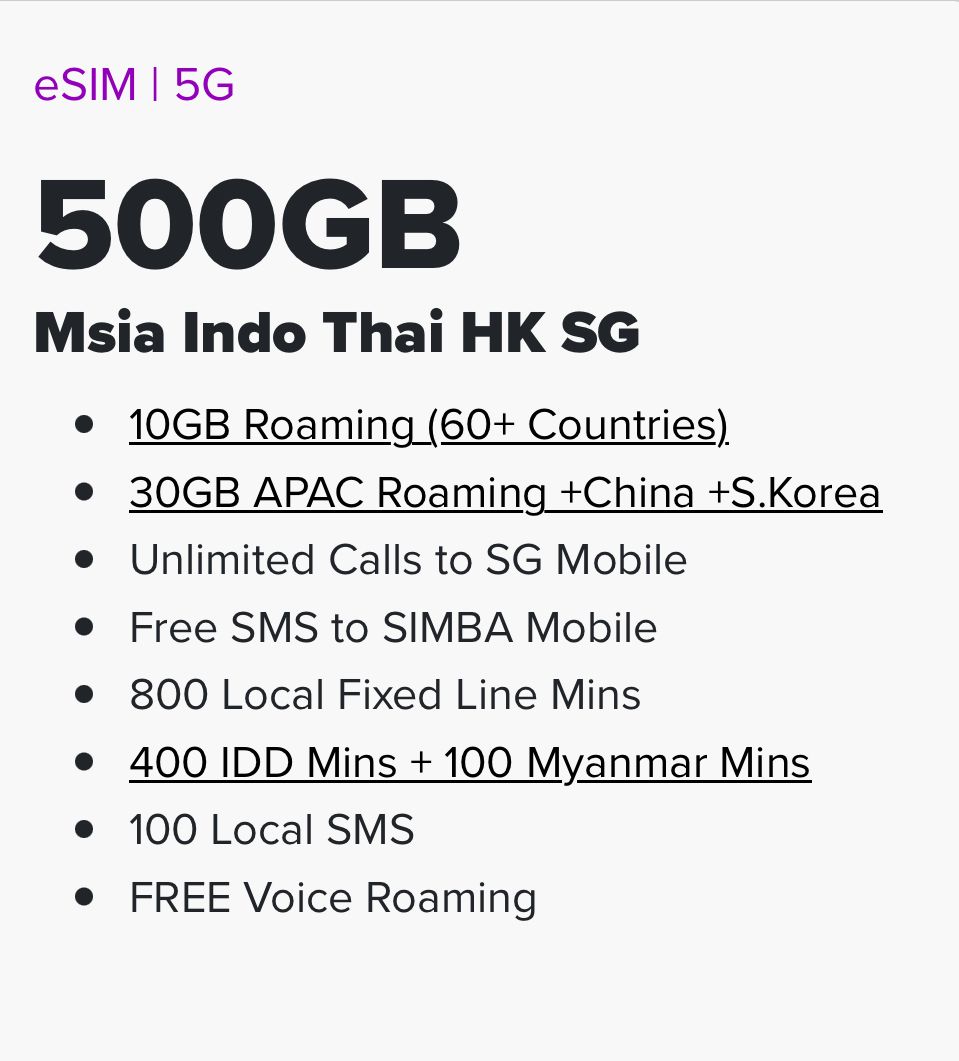 SIMBA SuperRoam18 500GB SG+MY+ID+Thai+HK Plan Renewal