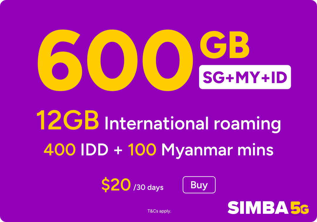 SIMBA SuperRoam20 600GB SG+MY+ID+Thai+HK Plan Renewal