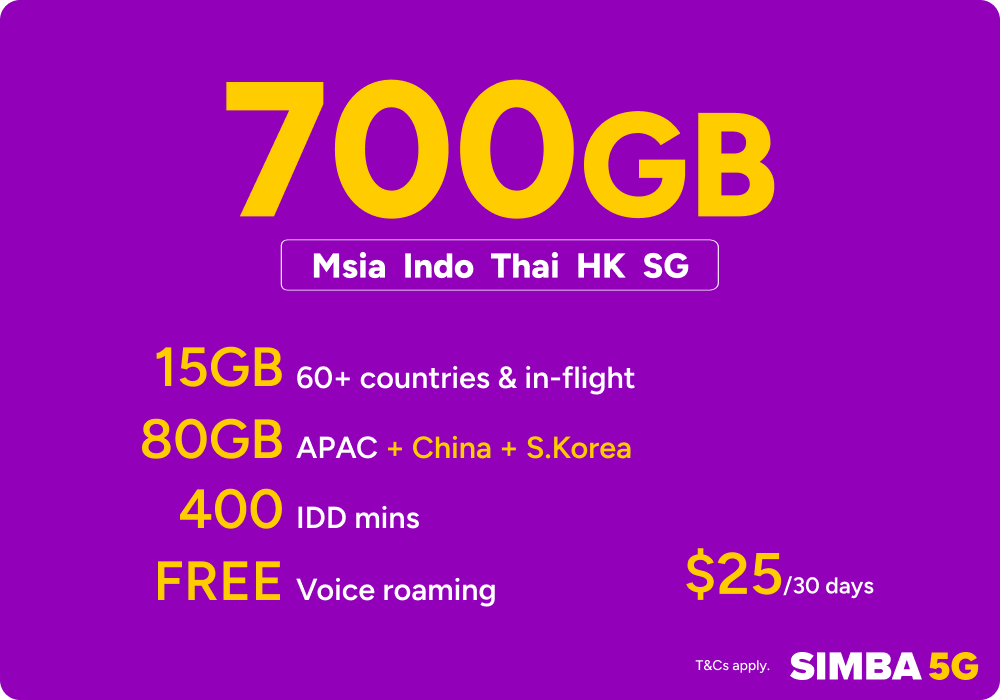 SIMBA SuperRoam25 700GB SG+MY+ID+Thai+HK Plan Renewal