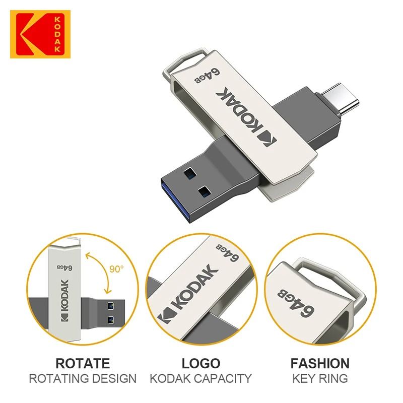 KODAK Clé USB 3.2 Ultra Dual 64GB – Double connecteur USB Type-C & USB-A, métal, OTG pour smartphones et PC