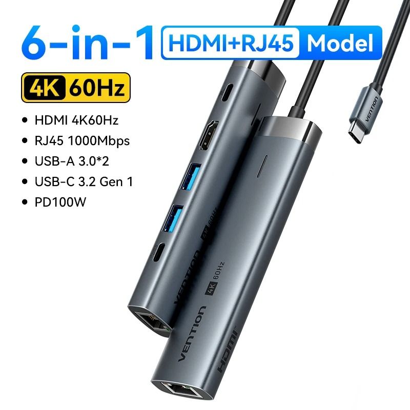 Vention USB-C HUB 7-en-1 – Adaptateur HDMI 4K@60Hz, Ethernet RJ45, USB 3.0, PD 100W, SD/TF – Station d’accueil pour MacBook et PC portable
