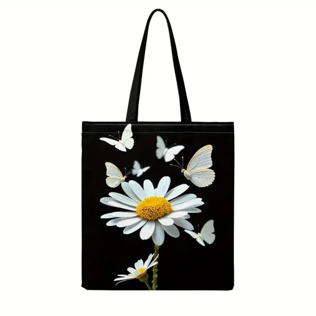 Women's Large White Daisy & Butterfly Print Tote Bag