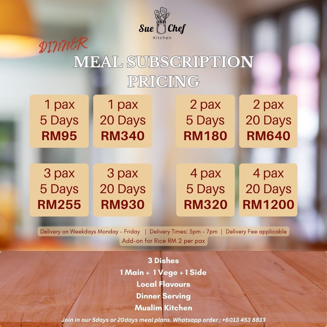 Dinner Meals Subscription Plan : 5days or 20days for 1/2/3/4pax