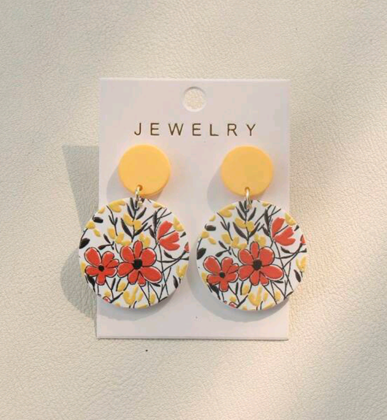 Red & Yellow Floral Graffiti Round Drop Earrings.