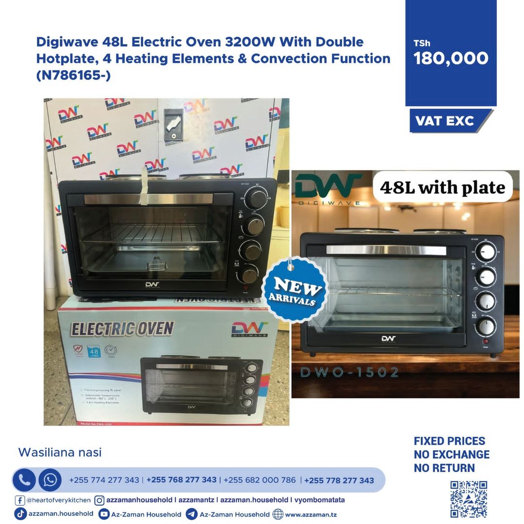 Digiwave 48L Electric Oven 3200W with Double Hotplate, 4 Heating Elements Convection Function 