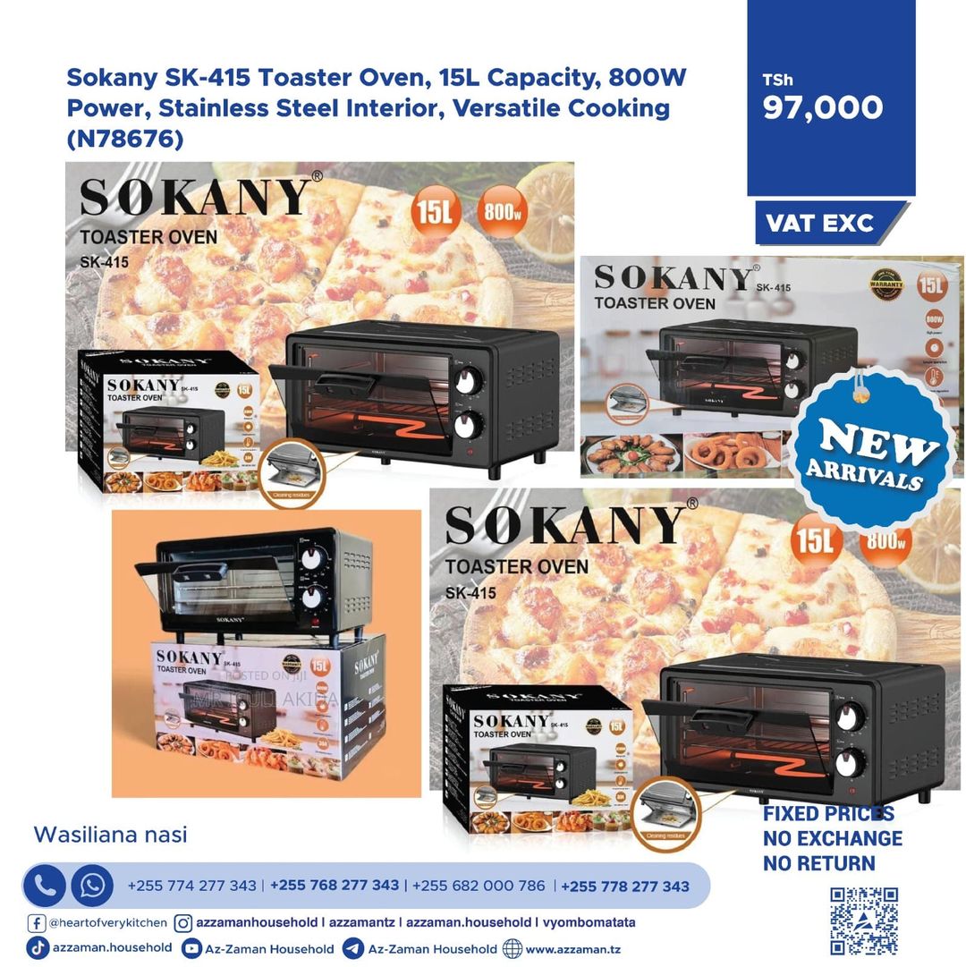 Sokany SK-415 Toaster Oven 15L Capacity, 800W Power Stainless Steel Interior versatile, cooking 