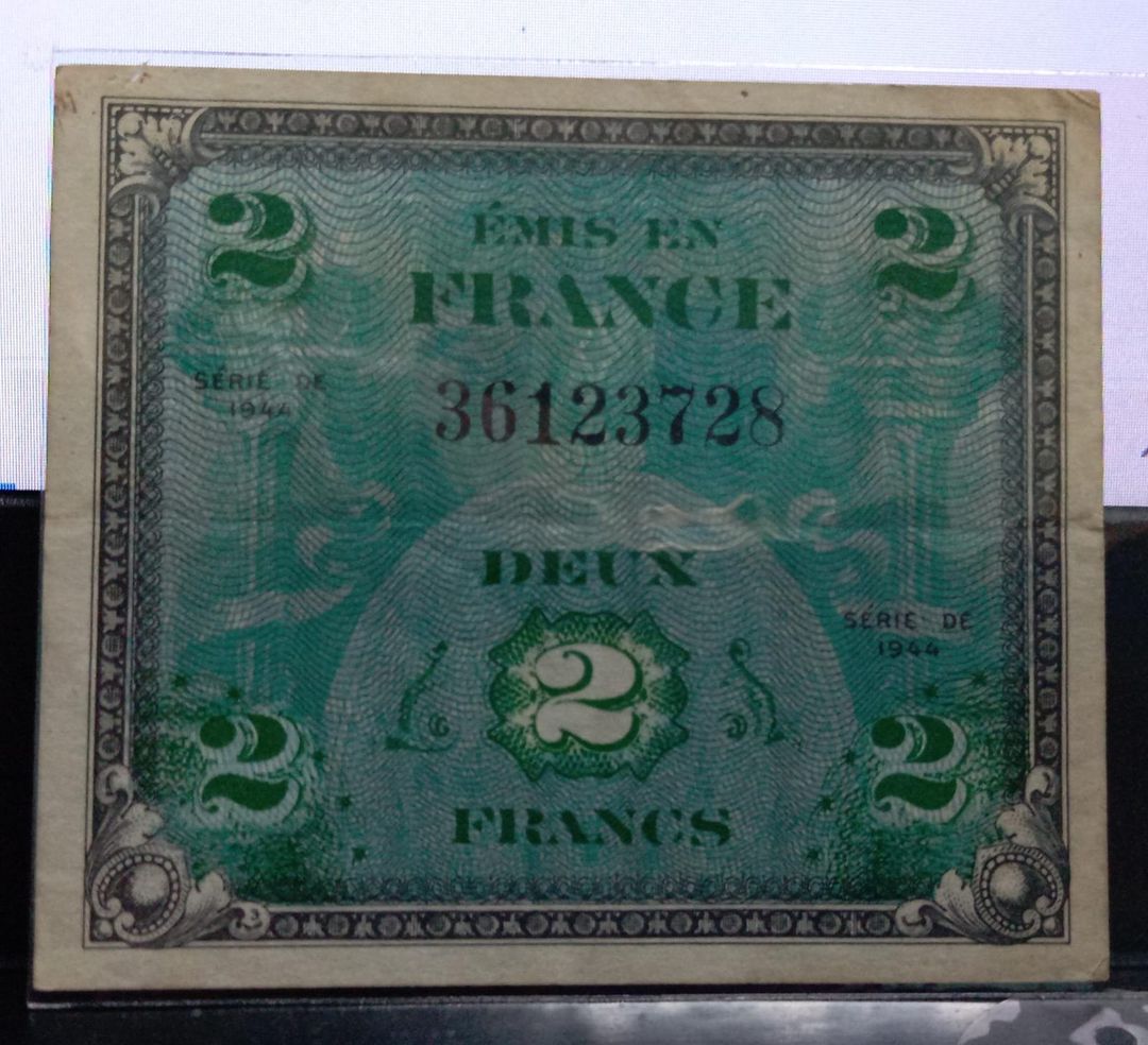2 French Francs banknote from the 1944 Allied Military Currency series, issued during the liberation of France in World War II. 