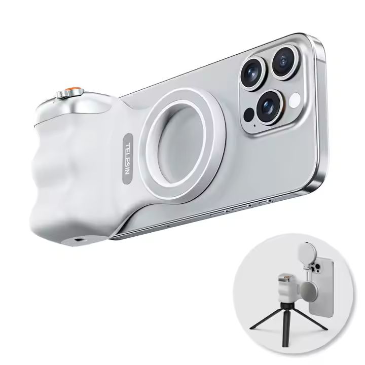TELESIN Phone Camera Handle Grip with Wireless Shutter Remote,Fill Light,for iPhone Android Magnetic Phone Camera Grip Handle