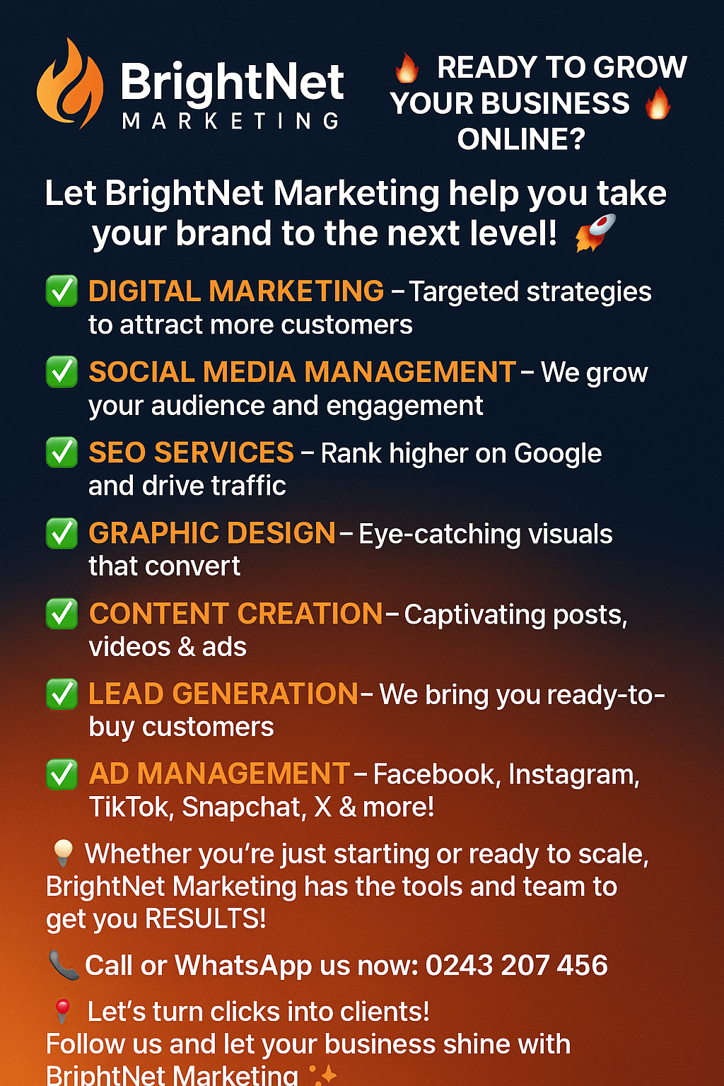 Social Media Advertising  Description: Facebook, Instagram, TikTok, and Snapchat Ads that drive real results. We handle everything from setup to success. Price: Starting from ₵300 Delivery: 2 – 4 days WhatsApp Support: ✅ Yes