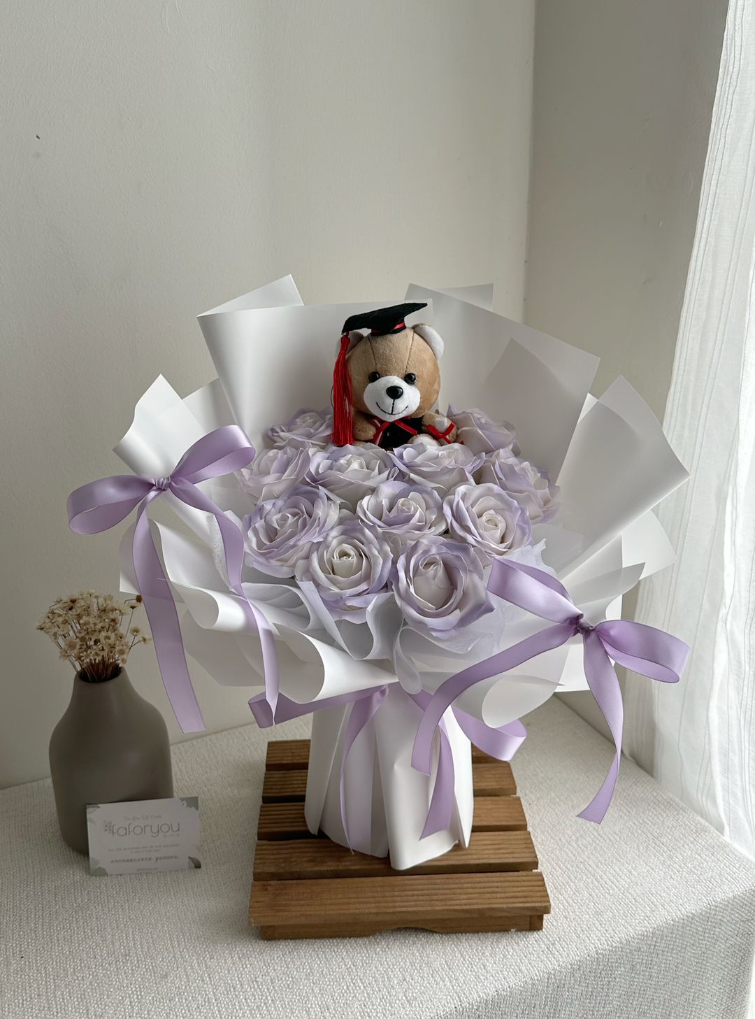 Graduation Bear 11 Stalk Soap Rose Ribbon Bouquet  