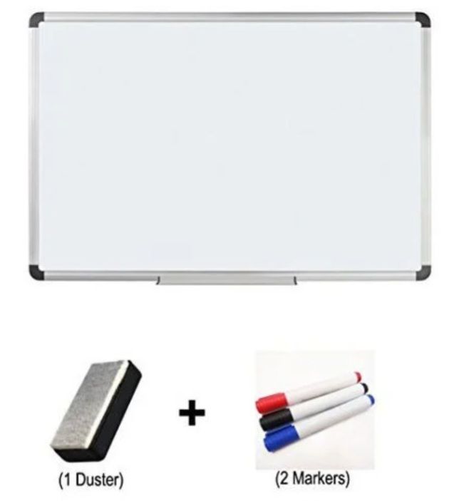 Large white board with markers and duster
