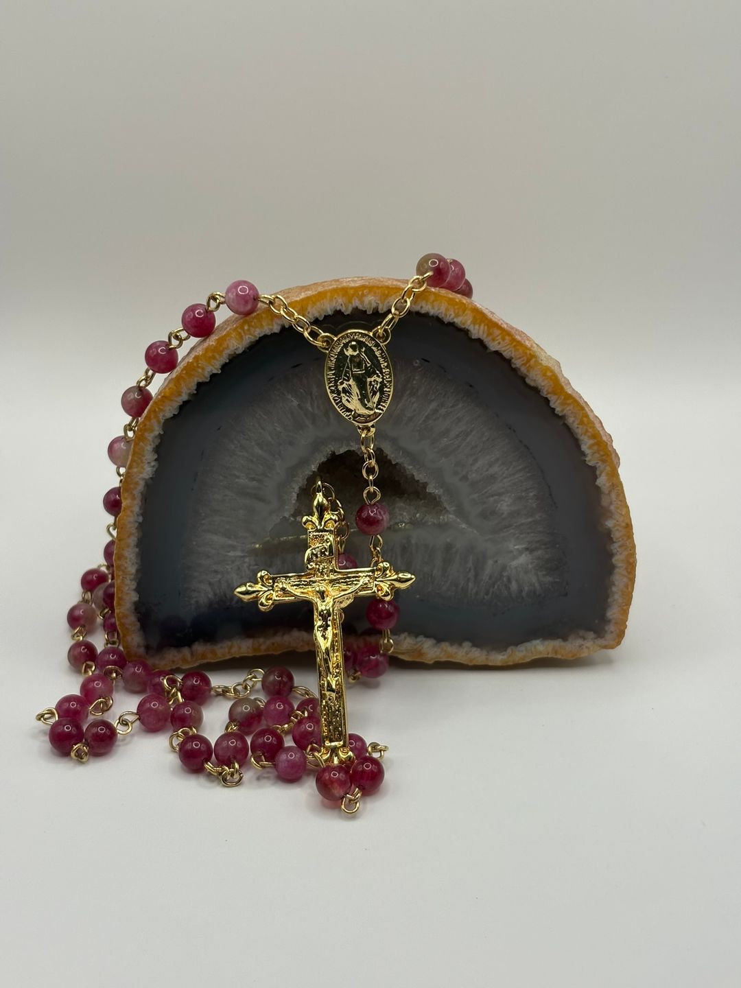 Rosario de Turmalina Sandía 6mm Chapado en oro 18k