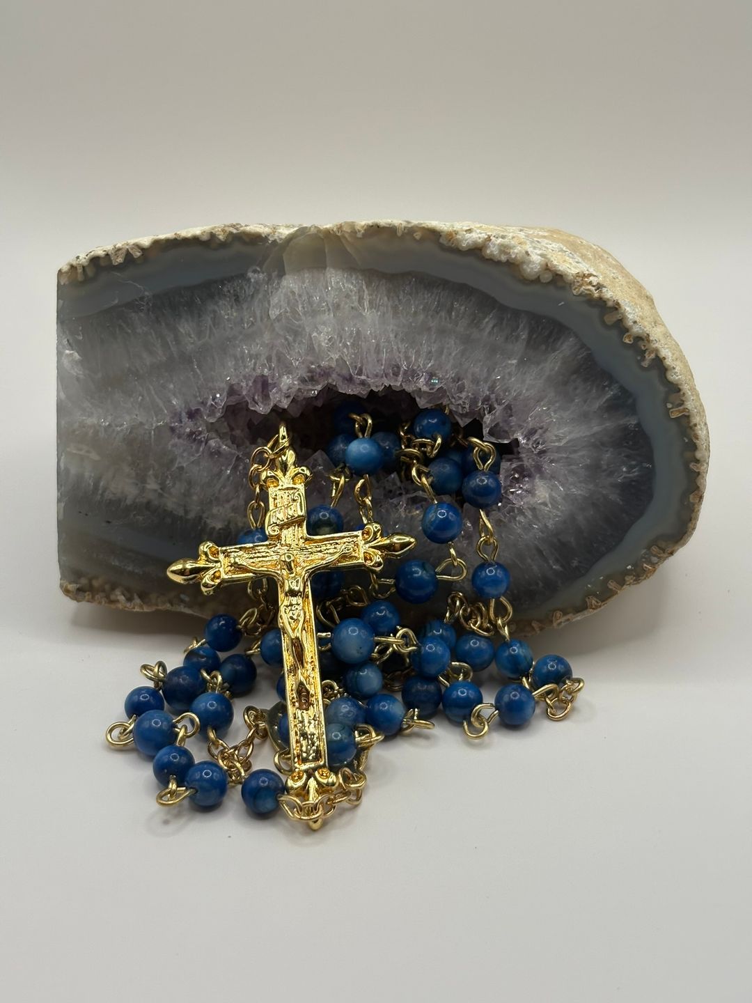 Rosario de Ágata Azul 6mm Chapado en oro 18k