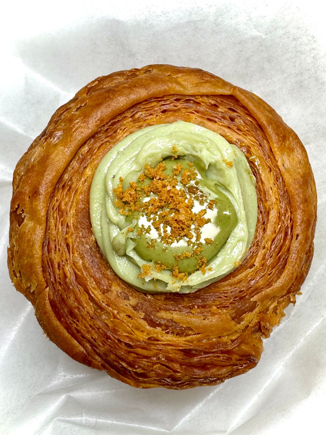 White Chocolate Callebaut Pistachio Cruffin