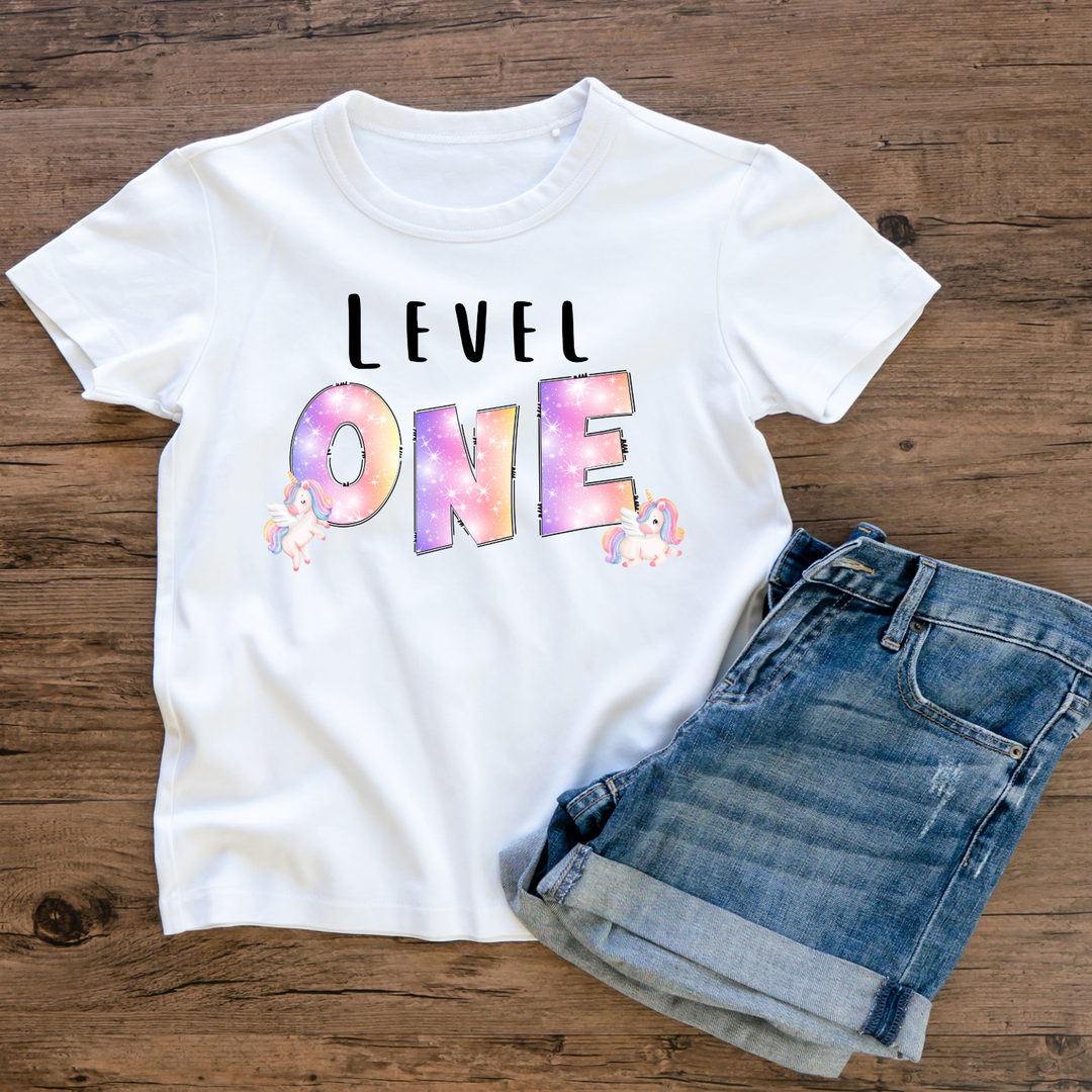 “Level One” Unicorn Birthday T-Shirt – Magical First Birthday Tee for Girls