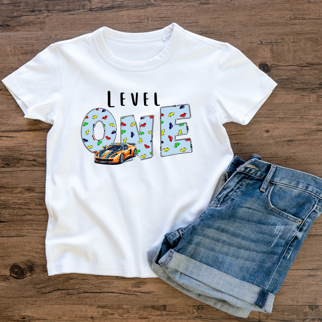 “Level One” Race Car Birthday T-Shirt – First Birthday Outfit for Boys