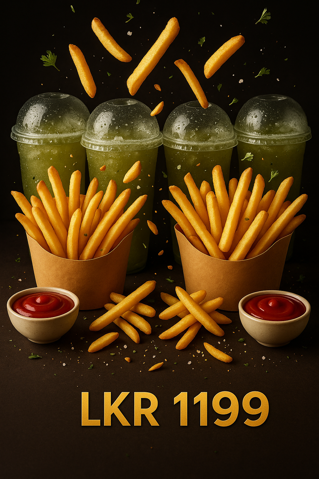 Family Pack – LKR 1199 | 4 Sugarcane Juices (330ml each) ✅ 2 Portions of French Fries with ketchup