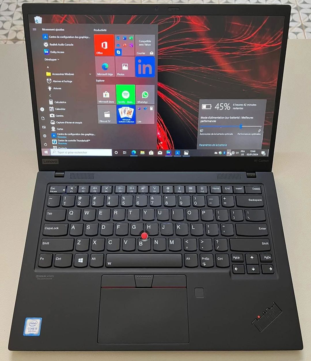  Lenovo ThinkPad X1 Carbon 8e Gen, Core i5, 8Go RAM, 256Go SSD