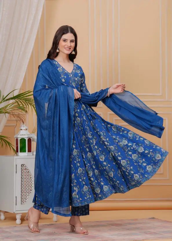 Empire Style Pure Cotton Anarkali Kurta With Trousers & Dupatta