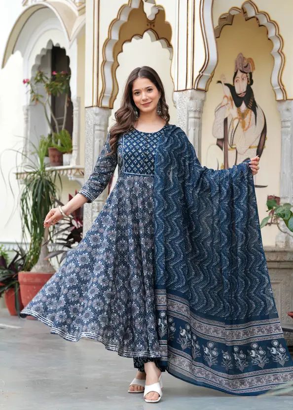 Empire Style Pure Cotton Anarkali Kurta With Trousers & Dupatta