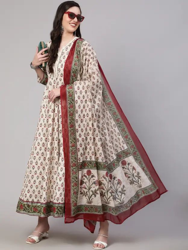 Empire Style Pure Cotton Anarkali Kurta With Trousers & Dupatta