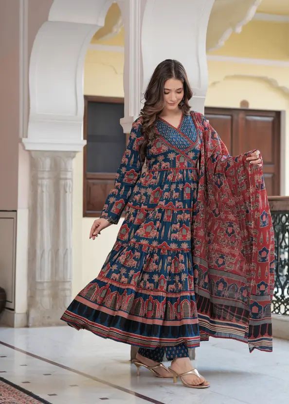 Empire Style Pure Cotton Anarkali Kurta With Trousers & Dupatta